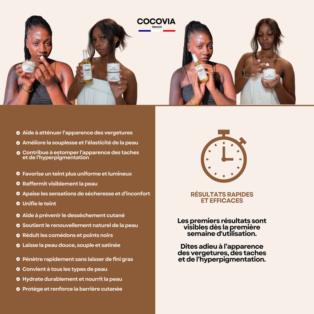 Routine premium Anti-Vergetures, hyper pigmentation & Taches – Huile + 2 Crèmes Raffermissantes